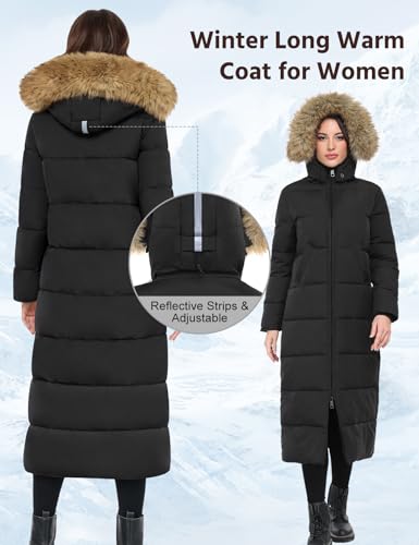 Long Winter Puffer Coat for Women Winter Faux Fur Quilted Jackets with Detachable Hood Maxi Length Zip Outerwear4
