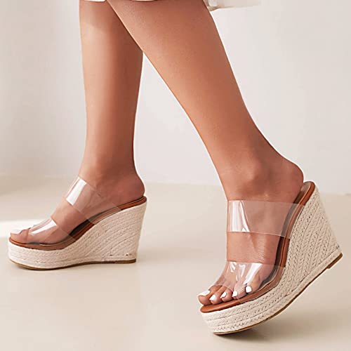 Varecola Women Slip On Clear Straps Espadrille Wedge Heel Sandals Slide Peep Toe Mule Platform Sandals #TOP5