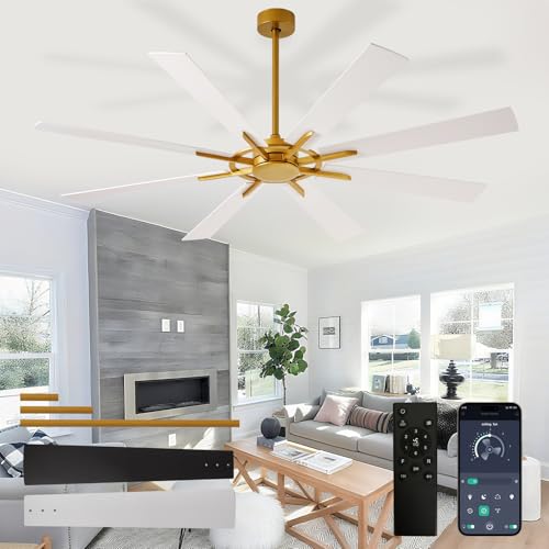 Image of Depuley Ceiling Fan Without Light: 66 Inch Big Indoor Outdoor Fan with Remote APP Control - Brass White Large Ceiling Fan no Light 8 Blade Reversible Quiet DC Motor Memory Function Timer