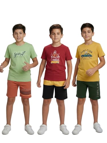 Image of HELLCAT Boys Dress Clothing Set Combo with Tshirts & Shorts - Pack 3