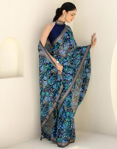 Image of SIRIL Women's Chiffon Printed Saree With Unstitched Blouse Piece