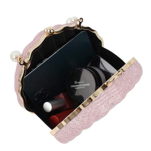 Image of Glitter Seashell Evening Clutch Purse Mini Chain Crossbody Bag Pu Leather Shell Pearl Shoulder Bag