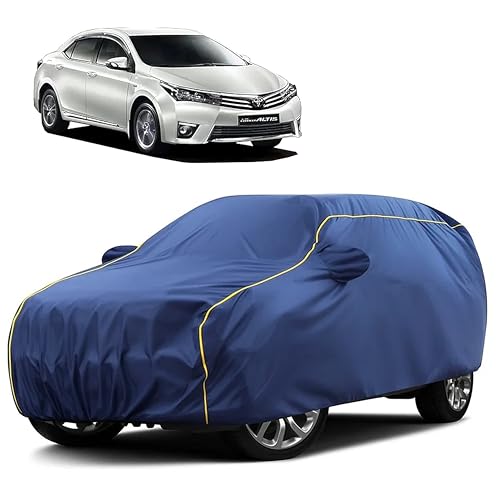 Image of Sulfar 100% Water Resistant Car Body Cover Compatible with Mirror for Toyota Altis (Triple Stitched, Full Bottom Elastic, Blue Taffeta with Yellow Piping)