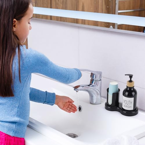 Image of Mouthwash Dispenser for Bathroom, 16oz Plastic Mouthwash Dispenser with Cup Holder and Tray Mouth Wash Bottle Container - Black