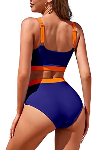 Image of Womens High Waisted Bikini Sets Sporty Crop Top Color Block Swimwear Bandeau Scoop Neck Vintage Two Piece Bathing Suits