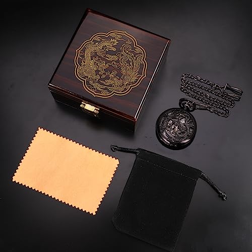 Image of SIBOSUN Mechanical Pocket Watches Mens Lucky Phoenix and Dragon Skeleton Pocket Watch Black Antique Roman Numerals Box