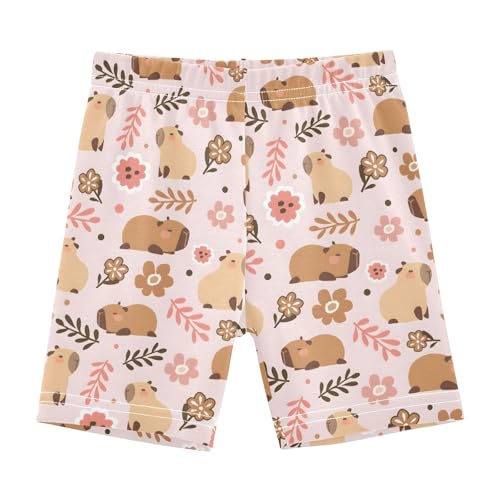 Cute Capybara Pink Flowers Girls Shorts Elastic Waist Sports Shorts Girls Leggings Pants for 4-10 Years