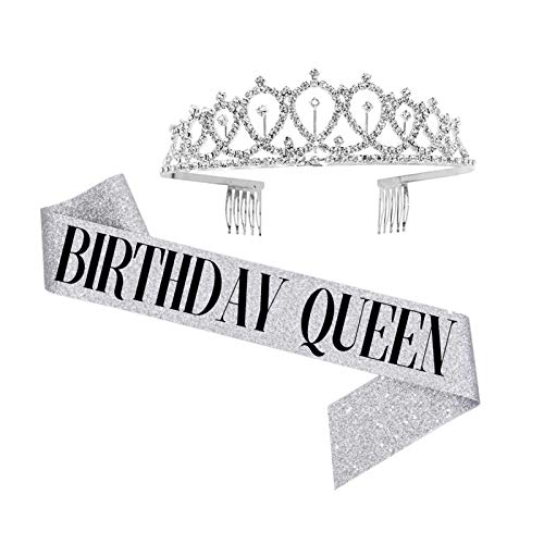Birthday Queen Sash & Rhinestone Tiara Set, Silver Glitter Happy Birthday Sash and Crown for Women Girls Female Best Friend Birthday Gifts/Party Decorations