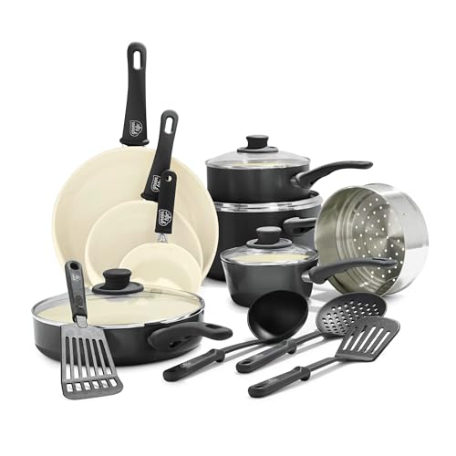 Image of GreenLife 16 Piece Nonstick Cookware Set, Soft Grip Non-Toxic PFAS-Free Ceramic Pots & Pans, Dishwasher & Oven Safe, Frying, Sauce, Utensils, Glass Lids, Stay-Cool Handles, Wobble Free, Black & Cream