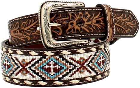 Quality Handmade Beaded Men's Leather Belt Thick Durable Wax Colorful Designs Cowboy Western Style Alloy Classic Fitted Casual Formal Wear in Pant Trouser Jeans Size: W-34-37/L-43in