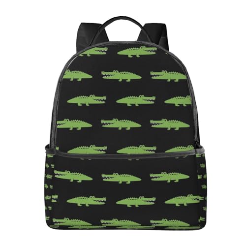 Water Resistant Bookbag, Versatile Travel Backpack Cartoon Green Alligator Black Daypack