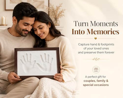 Image of Adult, Couple, Blessings Clay Handprint & Footprint Kit with XL Box Frame (37cm x 28cm x 2.5cm) & Impression Clay (750 GMS) (Brown Frame-White Clay)