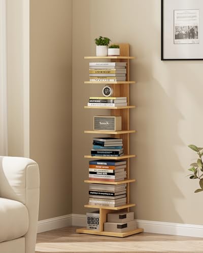 TUTOTAK Narrow Bookshelf 8-Tier Bookcase Spine Book Shelf for Small Space Corner Standing Shelf for Living Room Office Study Entryway Natural BS06BN008