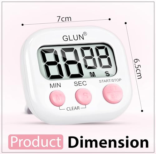 Image of GLUN Digital Kitchen Timer for Cooking, Pack of 1 Big & Clear Digits, Loud Alarm, Magnetic Back, Timer for Baking, Creating Food, White Body & Pink Buttons (Random Color)