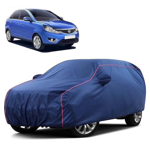 Image of Sulfar 100% Water Resistant Car Body Cover Compatible with Mirror for Tata Zest (Triple Stitched, Full Bottom Elastic, Blue Taffeta with Red Piping)