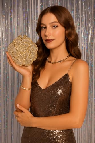 Image of RomanticDesign Women Round Rose Flower Rhinestone Clutch Bag Elegant Crystal Bride Purse for Evening Party Prom Wedding
