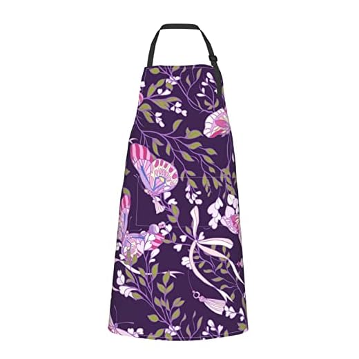 LINGF Delantal impermeable Delantales de rosas y mariposas con bolsillos Delantales de cocina de chef para mujeres y hombres