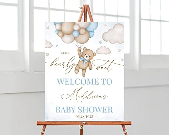 Baby Shower Sign, Baby Shower Welcome Sign, Brown Bear Balloon Baby Shower Welcome Sign, We Can Bearly Wait Baby Shower, Blue Boho Bear Baby Shower Decor