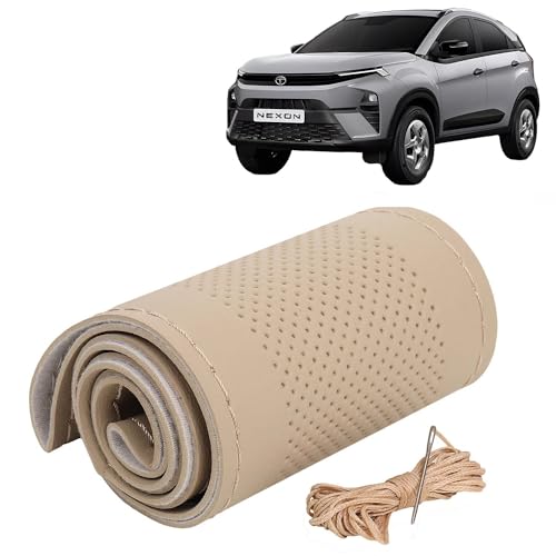 Image of KINGSWAY PU Leatherite Car Steering Cover Sewable Compatible with Tata Nexon (Year 2023 Onwards), Beige Color with Beige Thread, Pack of 1 with Sewing Needle and Thread