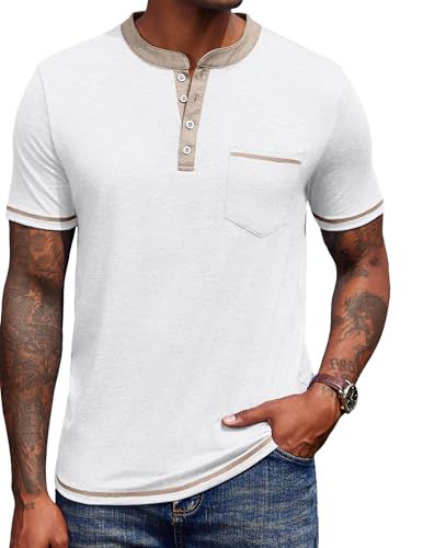 COOFANDY Camisa Henley de Manga Corta para Hombre Casual T-Shirts Camiseta Informal de Verano con Bolsillo Blanco M