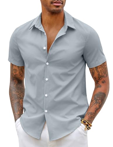 COOFANDY Chemise Homme Manches Courtes Coupe Ajustée Style Habillé Décontracté sans Repassage Été Chemises Bleu Clair XL