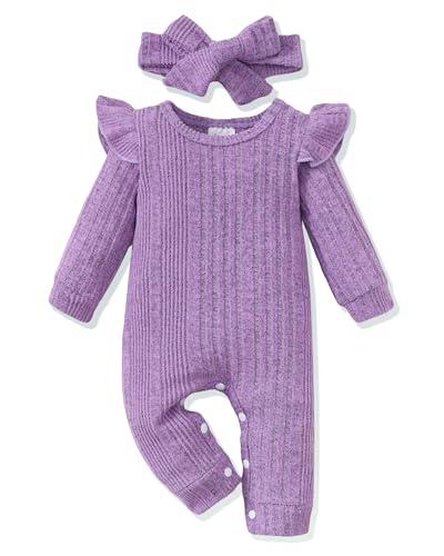 Renotemy Baby Girl Clothes 6-9 Months Baby Girl Rompers Long Sleeve Purple Baby Girl Outfit 6-9 Month Girl Clothes Fall Winter Infant Girls Clothes 9-12 Months Little Girls Clothes 6-12 Months