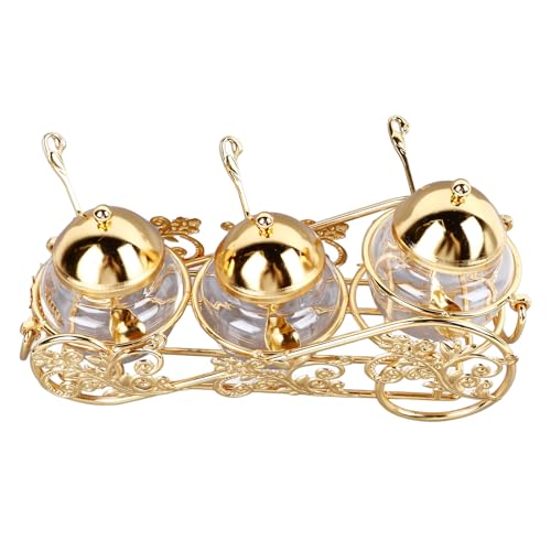 Tapa de azúcar de 3 piezas con tapa y cuchara, sales vidrio y contenedores azúcar Frasador condimentos cocina oro estilo europeo con bandeja para cocina