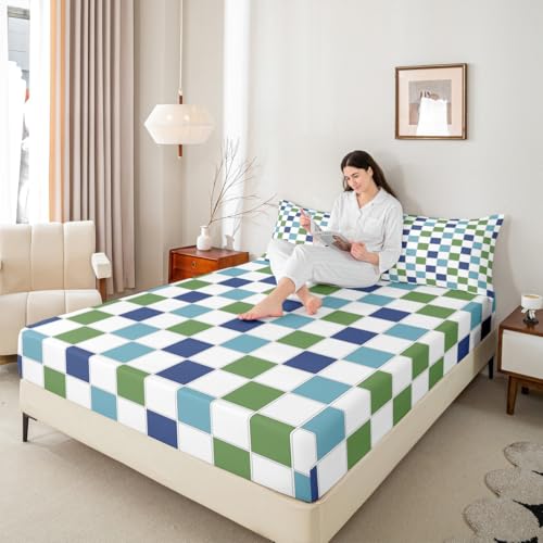 Image of Erosebridal Blue Green Checkered Sheet Set Full Navy Teal White Grids Plaid Bed Sheets Geometric Buffalo Gingham Bedding for Kids Boys Girls,Modern Fashion Bed Sheets Set 4 Piece
