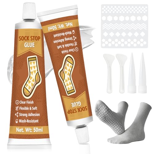 Bellemora Sock Stop Glue 2 Pack Clear Waterproof Socks Glue Washable Fabric Paint Anti Slip Adhesive with Precision Nozzle for DIY Socks Pet Socks Carpets and Blankets