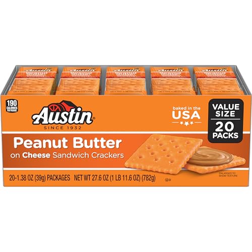 Austin Sandwich Crackers, Single Serve Snack Crackers, Office and Kids Snacks, Value Size, Peanut Butter on Cheese, 27.6oz Tray (20 Packs)