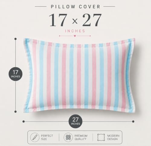 Image of VAS COLLECTIONS Premium 210 TC Cotton Satin Stripe Pillow Cover Set of 2 (18x28 Inches) | Hotel Quality Soft Breathable Pillow Cases | Pillow Covers for Home Hotel Hospital Use, Pink & Blue