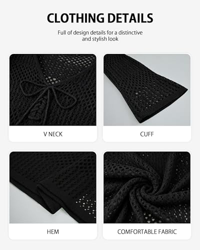 Image of Bsubseach Women Swimsuit Crochet Coverup Long Sleeve V Neck Beach Dress