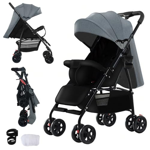 Sianldcone Ultraligero Silla de Paseo de Sólo 4,6kg, Carro Bebe con Posición Tumbada Ajustable, Carrito Bebe hasta 15kg, Cochecito Carricoche Bebe Plegable Portátil Compacto con Accesorios (A8 Grey)
