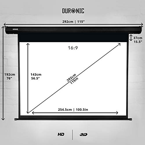 Duronic Projector Screen EPS115 /169 Electric Projection Screen Size: 254.5 x 143cm 16:9 Ratio Home Cinema School Wall Ceiling Mountable 3D UHD 4K