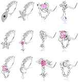 Jewdreamer 12Pcs 20G Dangle Nose Rings for Women Surgical Steel L Shape Nose Stud Rings Cute Flower Butterfly Heart Evil Eye Opal CZ Dangling Nose Piercing Jewelry