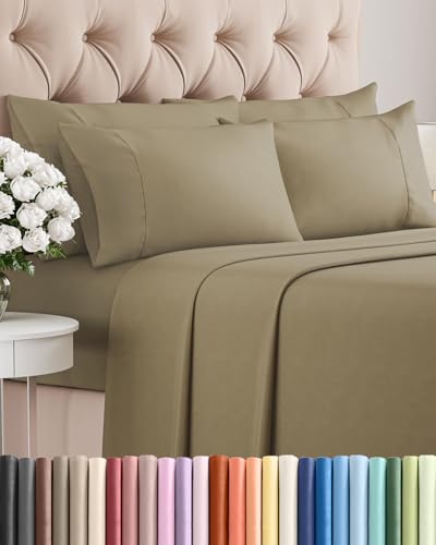 Image of Queen 6 Piece Bed Sheet Set - Comfy, Breathable & Cooling Sheets - Khaki | Ultra-Soft Hotel Luxury Bedding Set w / 8-16 Inch Deep Pockets, 1 Flat & 1 Fitted Sheet & 4 Pillowcases, Wrinkle & Fade Free
