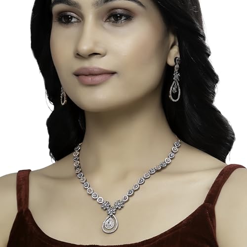 Gunmetal Toned AD Studded Teardrop & Floral Necklace Set