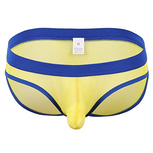 Men Shiny Mesh Bikini Briefs See Through Hollow Supporter Bulge Pouch Lightweight Underwear Sexy Enhancing Fashion Thongs Yellow