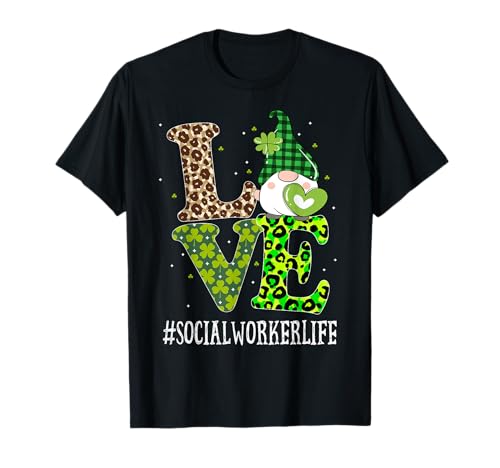 Social Worker Love St Patricks Day Gnomo Leopardo Mujer Camiseta