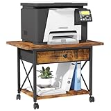 EasyCom 23.6" x 15.7" Under Desk Printer Stand with Storage Drawer, 2-Tier Shelf Desktop Printer Table for Desk with Wheels, Large Rolling Cart for Home Office Fits 3D Printer Scanner Rustic Brown