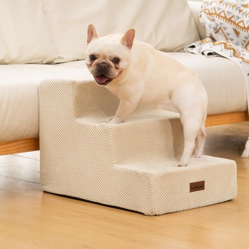 Image of Aodisman Dog Stairs for Small Dogs,Wider 3-Step Pet Steps for Couch & Bed | High-Density Foam Dog Steps with Anti-Slip Bottom,Easy for Puppies,Older Cats & Dogs to Reach Sofas & Chairs,Beige,15.7 inch H