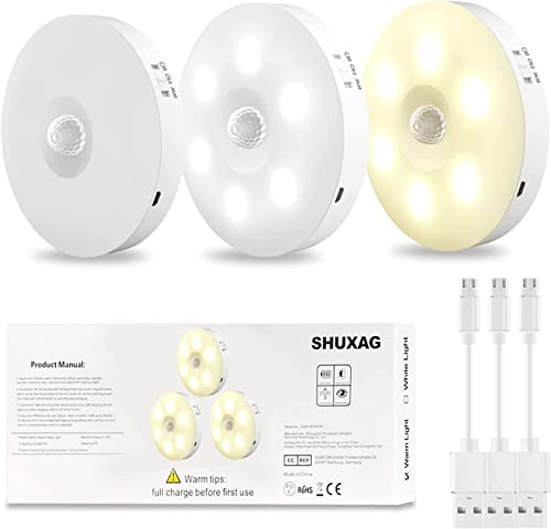 Preisvergleich Produktbild SHUXAG® LED Bewegungsmelder Innen, 3er Pack Nachtlicht Mit Bewegungsmelder, USB wiederaufladbar LED Sensor Nachtlicht, Warmlicht&Weiß 2Modi