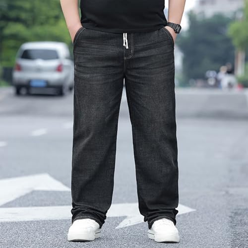 Plus Size Baggy Jeans for Men Elastic Waist Pull On Denim Pants Drawstring Straight Loose Jean Sweatpants L-5XL, Wash Black, Large