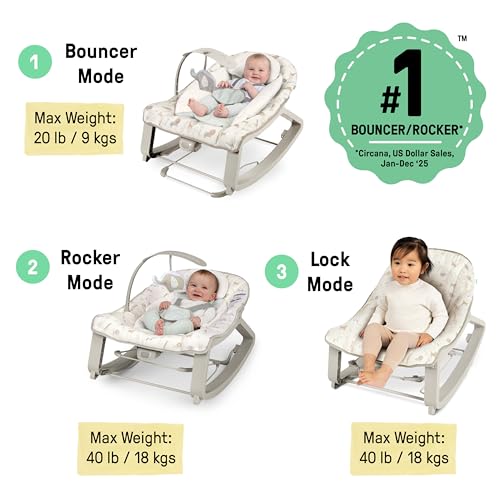 Image of Ingenuity Keep Cozy 3-in-1 Vibrating Bouncer Rocker, Green | Seat & Infant to Toddler Rocker, Vibrations & Toy Bar, 0-30 Months, Up to 40 lbs