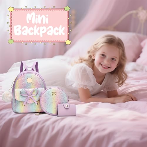 Image of I IHAYNER Girls Bowknot 3-Pieces Fahsion Leather Backpack Backpack Purse for Women Rucksack for Ladies Shoulder Bag