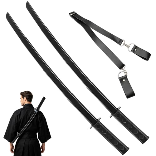 2 espadas samurái, modelo de espada samurái retráctil de gravedad impresa, espada falsa Katana telescópica, espada ninja, con correa de hombro de cuero cruzada inclinada (negro)