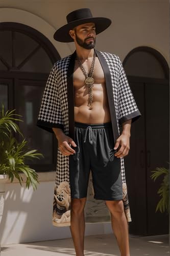 PRODESIGN Mens Houndstooth Kimono Robe - Long Satin Sleepwear Silky Nightgown Bathrobe Dressing Gown Cardigan Beach Cover Up4