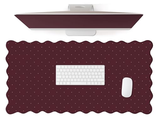 Cute Burgundy Maroon Scalloped Desk Mat with Polka Dot Large Mouse Pad Computer Mat Aesthetic Keyboard Mat for Desktop Laptop Protector for Office & Home 31" x 15.7"