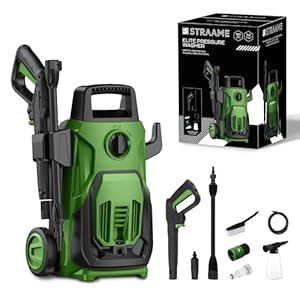 Straame Green 1600W Elite Pressure Washer, 120 Bar Max (80 Bar Rated), 7 L/min, 5 m Hose & Cable, Adjustable Spray Gun, Twist Nozzle, 250 ml Detergent Bottle & Car Brush for Patio, Car & Garden