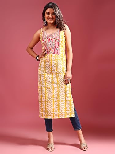 Image of EthnicJunction Women's Cotton Blend Straight Fit Straight Embroidered Batik Print Shoulder Straps Kurta | Navratri Special Kurta